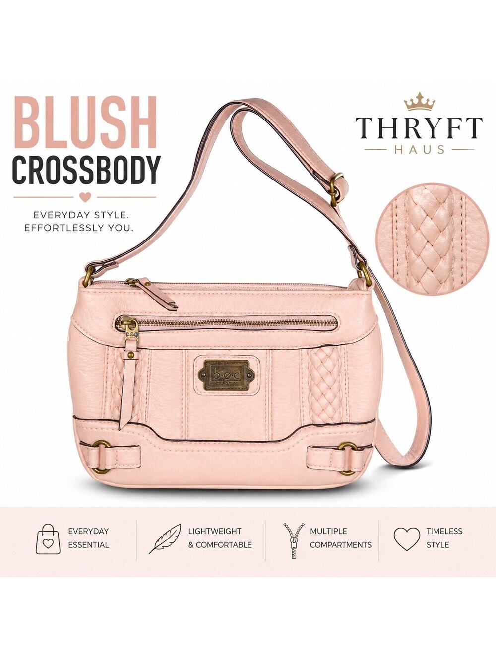 b.ø.c Blush Pink Crossbody Bag Braided Detail Faux Leather Small Shoulder Purse